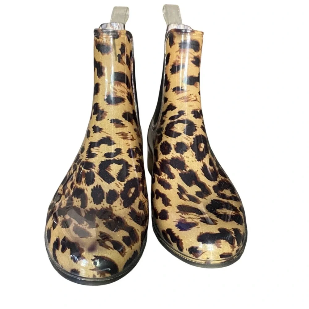 J.Crew Leopard Print Womens 8 Chelsea Ankle Rain Booties‎ Animal Print Glossy